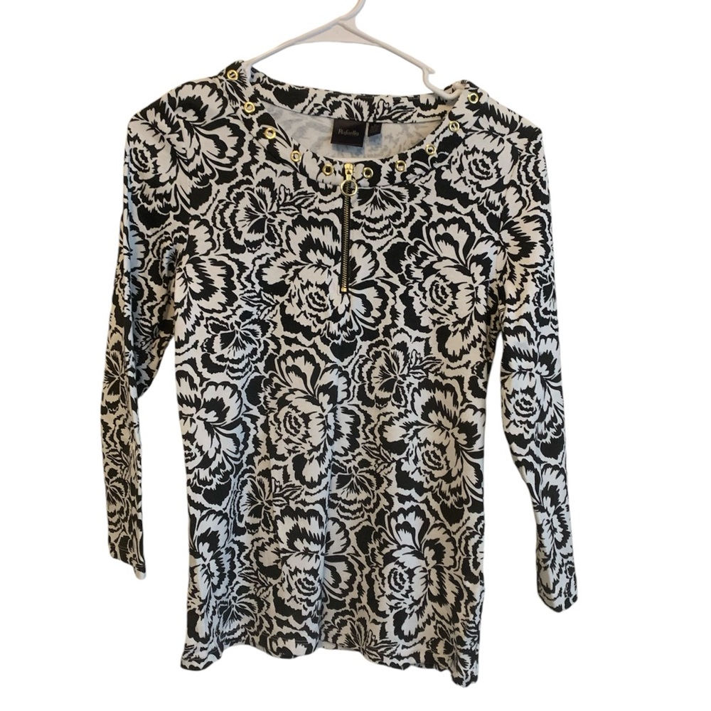 EUC black and white floral print top with gold detail front zipper like new
